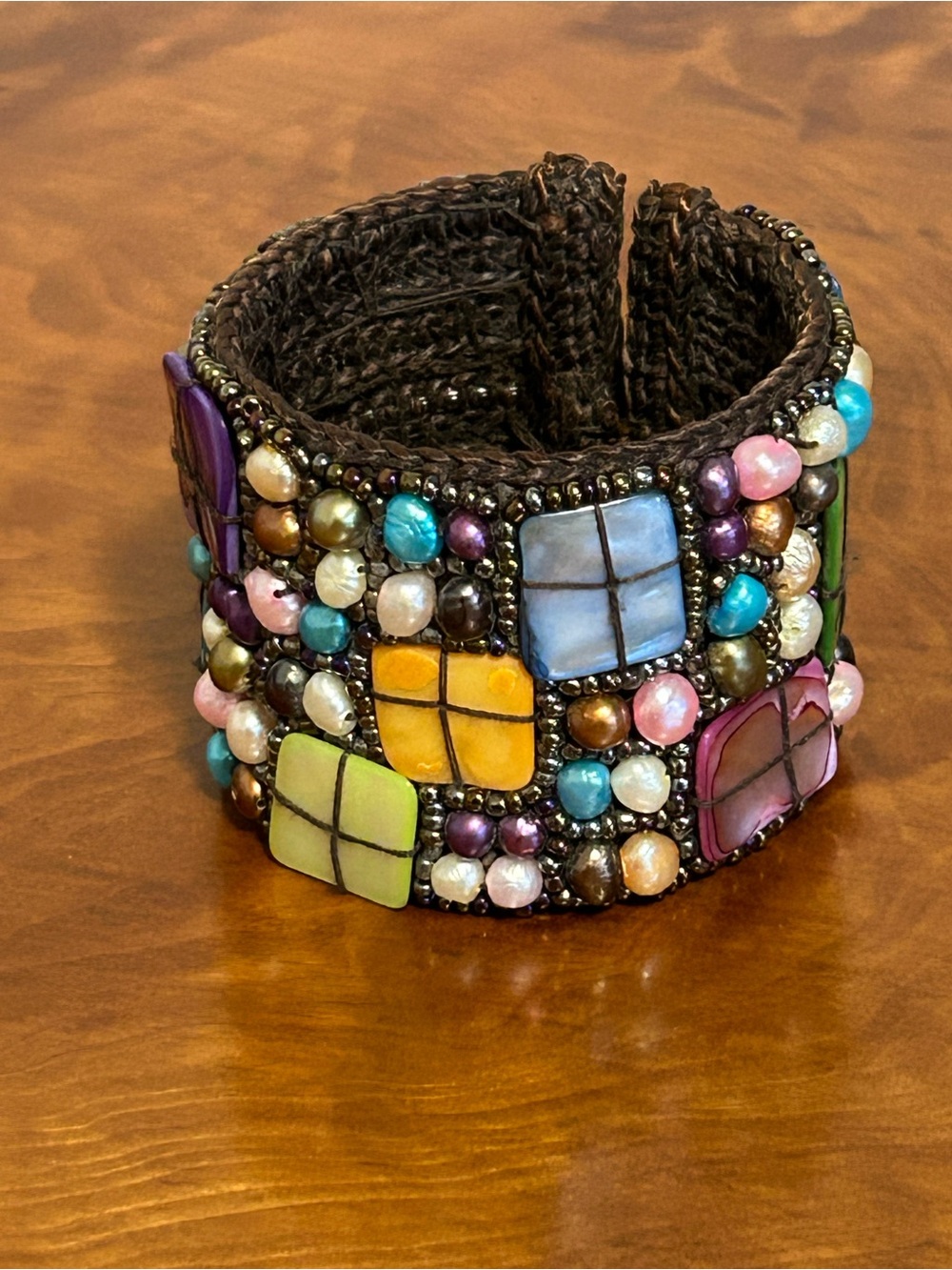 Artisan Hand Woven Mosaic Stone Boho Chic Statement Cuff